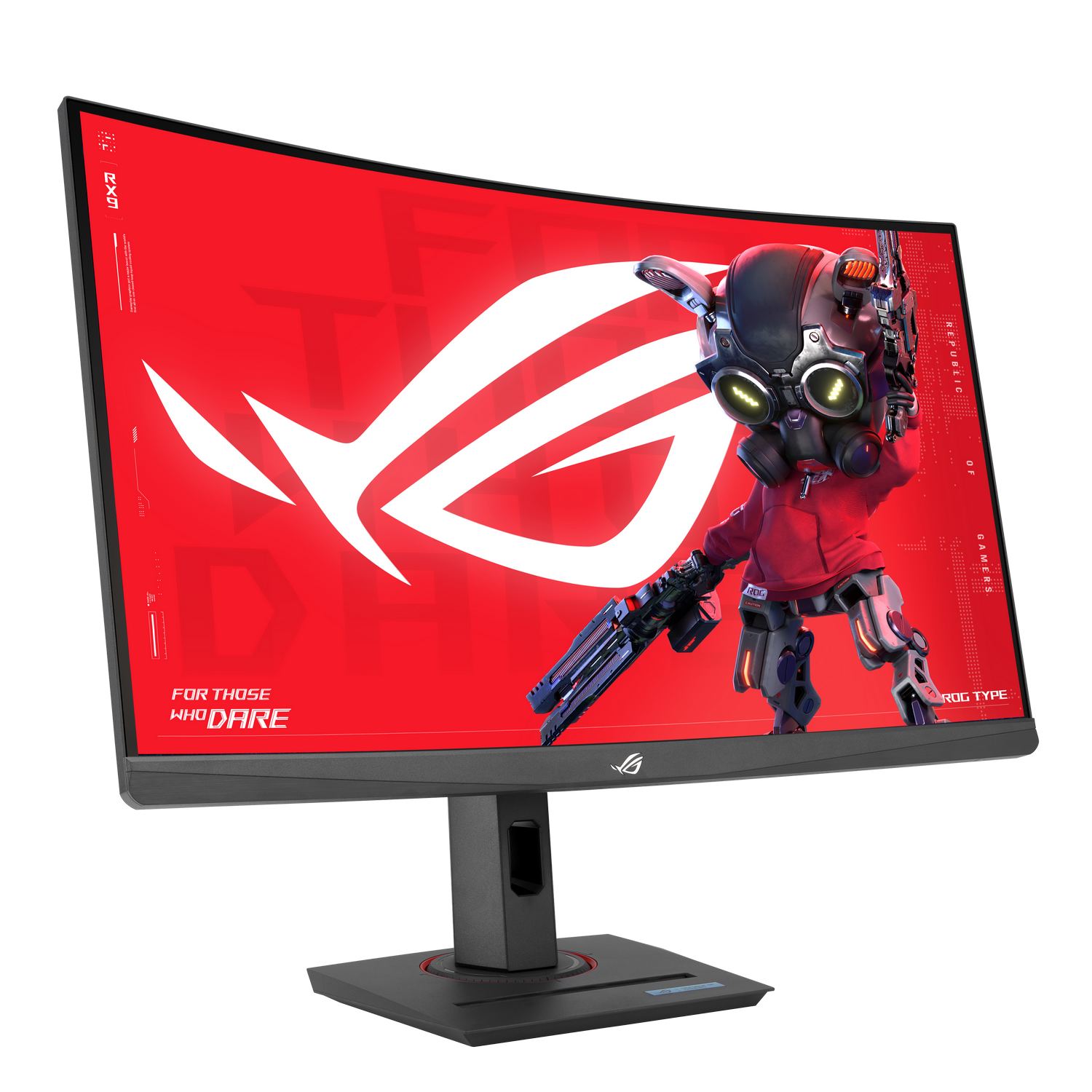 Monitor curvo muestra un robot estilizado con sudadera roja sobre fondo rojo.