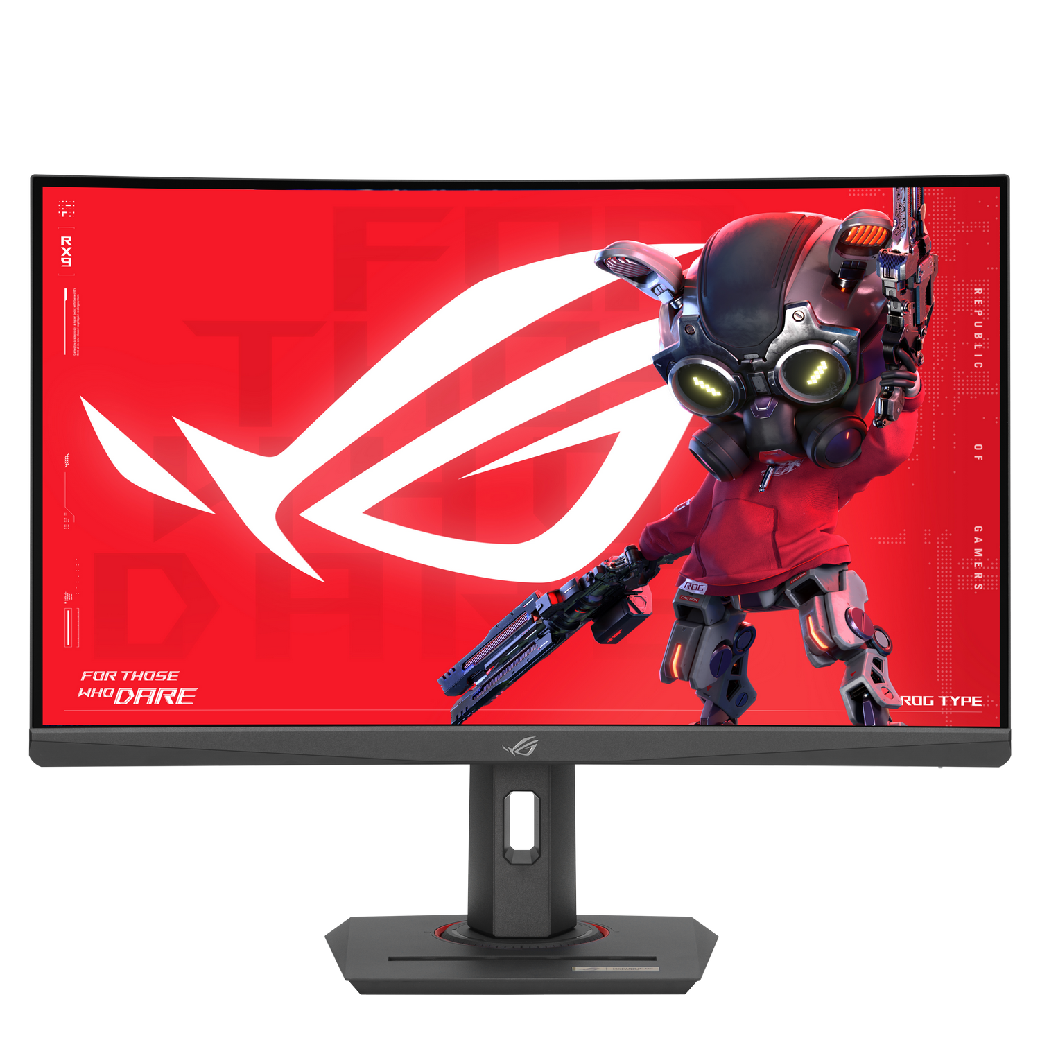 Un monitor con fondo rojo, logo blanco y personaje estilizado con arma.