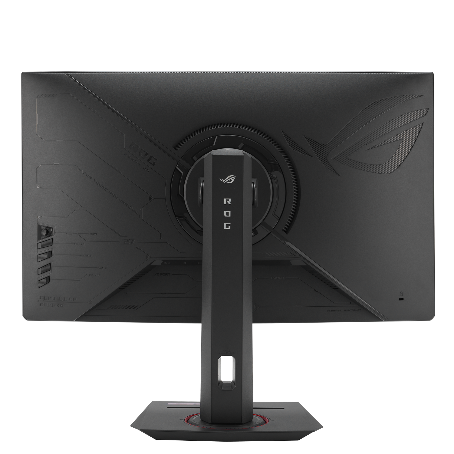 Parte trasera de un monitor gaming negro con logo ROG y soporte.