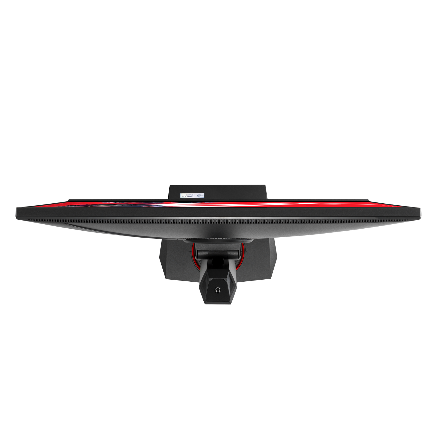 Un monitor negro con acentos rojos visto desde arriba sobre fondo blanco.