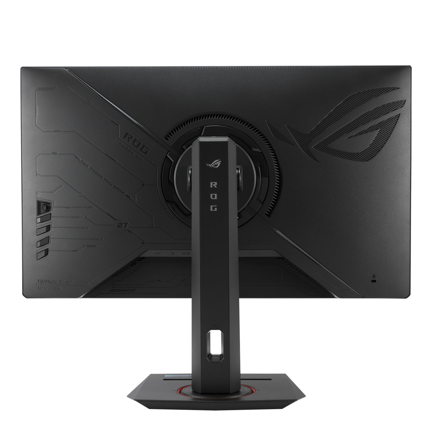 Parte trasera de un monitor gaming negro con logo ROG y soporte. Puertos visibles.