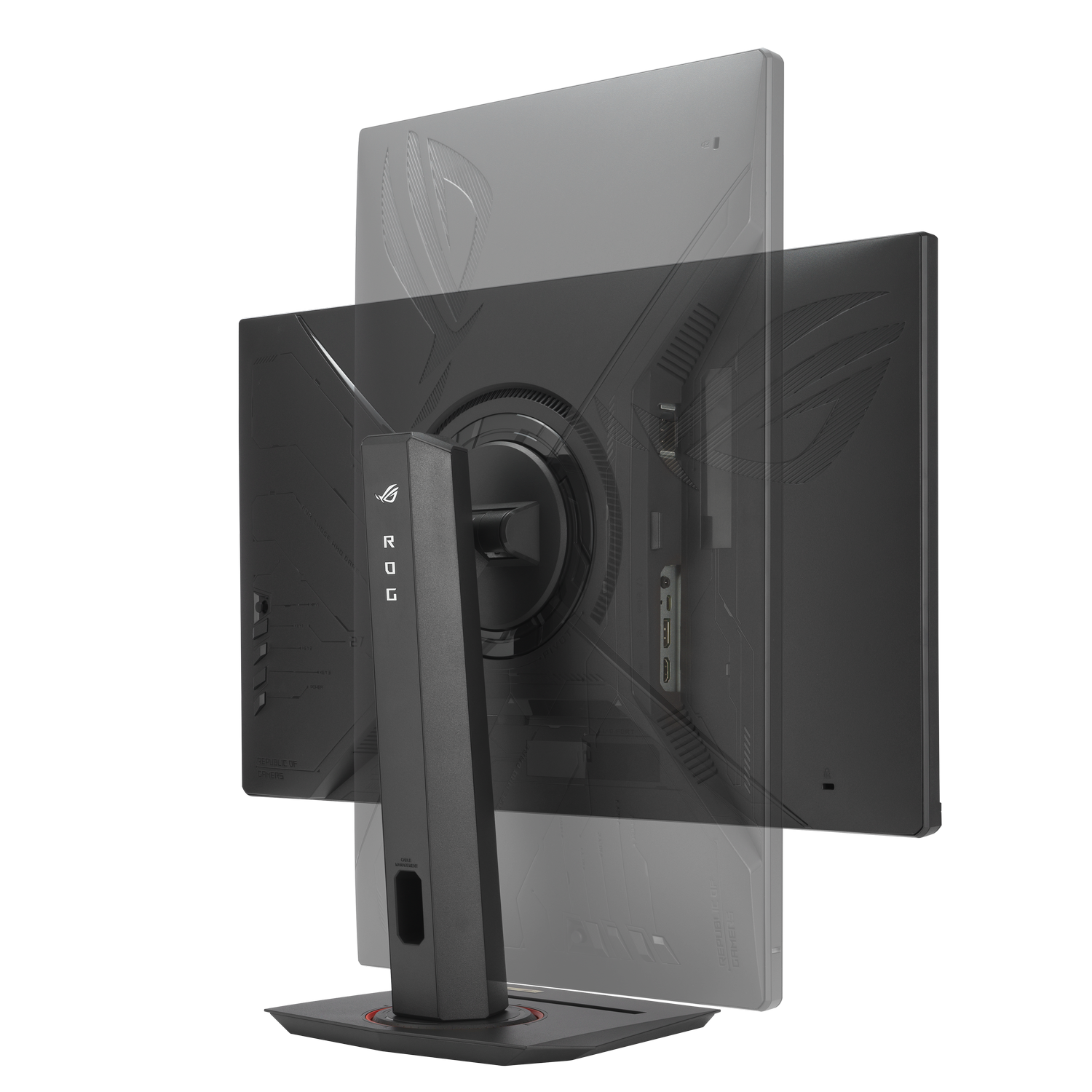 Parte trasera de un monitor negro con logo ROG y puertos. Diseño minimalista.
