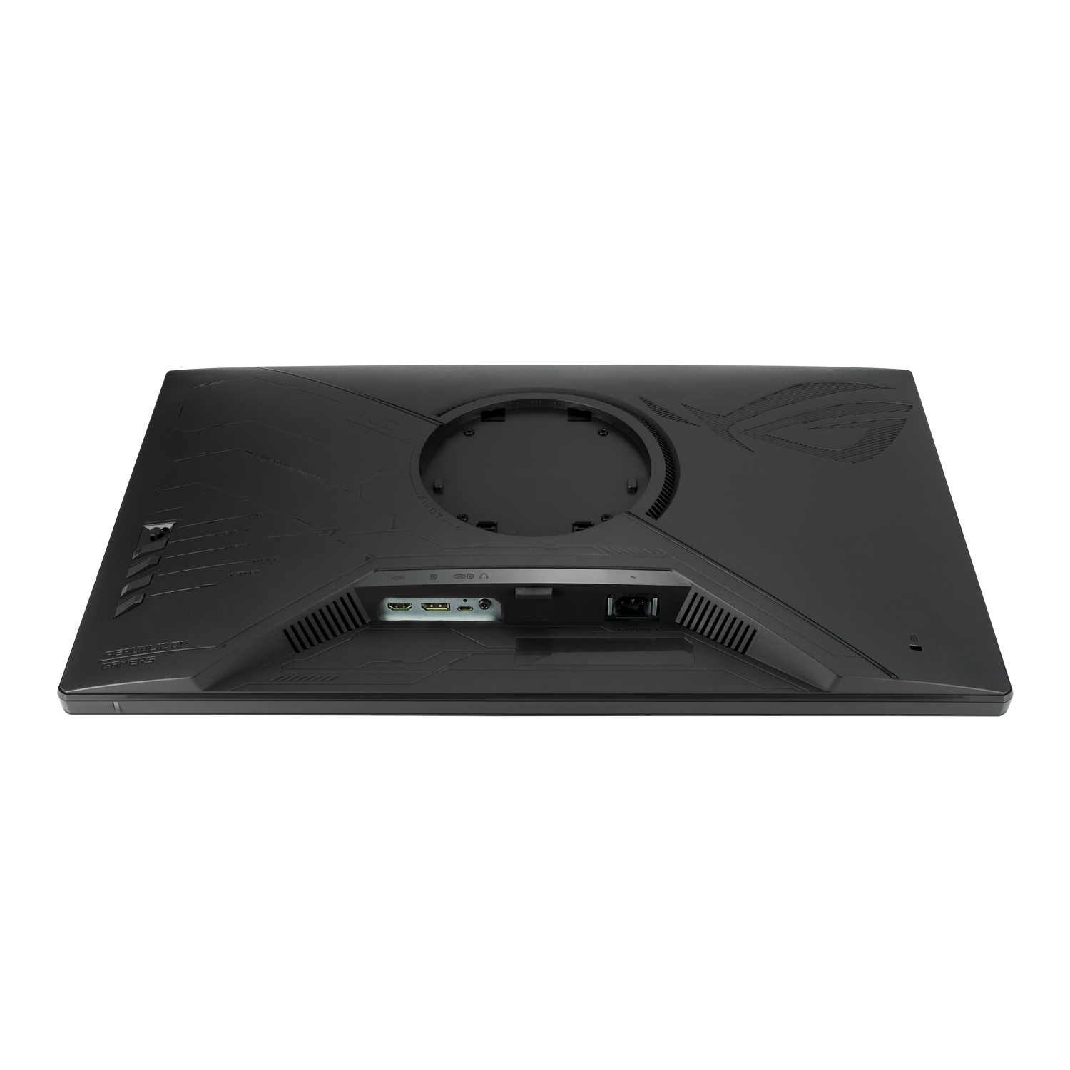 Parte posterior de un monitor negro con puertos y logo ROG.