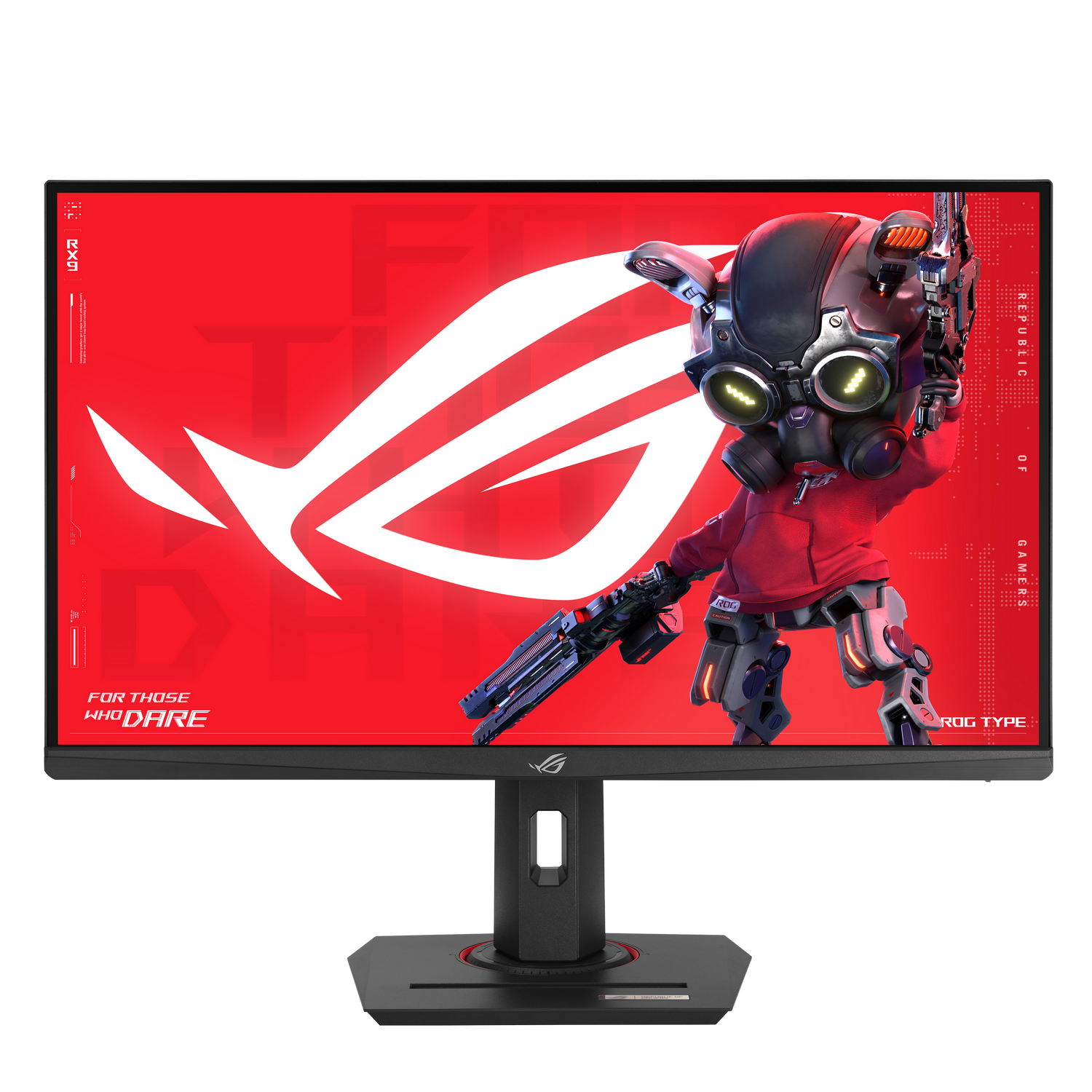 Un robot futurista con máscara de gas y pistola, mostrado en un monitor con fondo rojo.