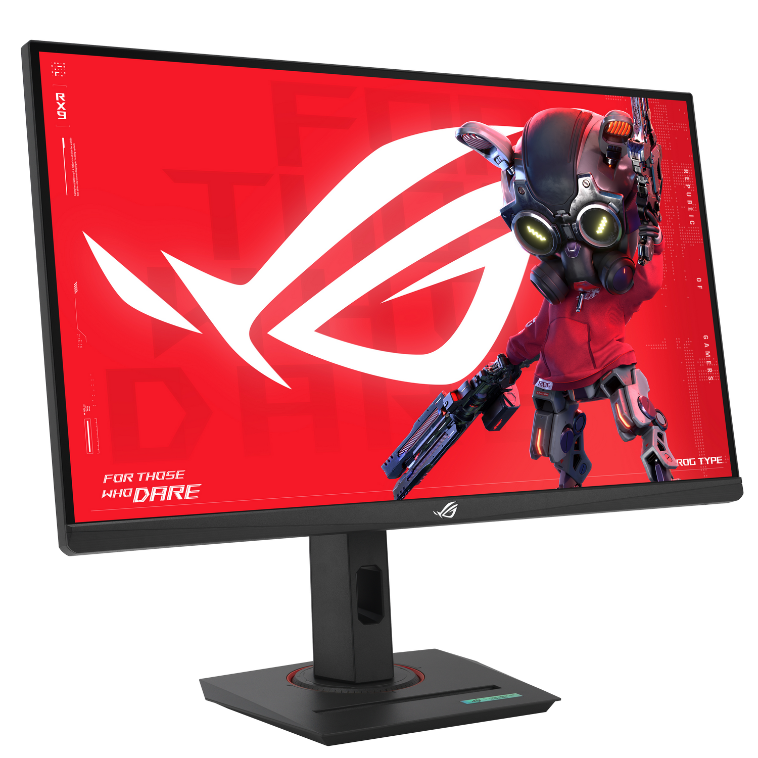 Un monitor muestra una pantalla roja con logo ROG blanco y un personaje robot.