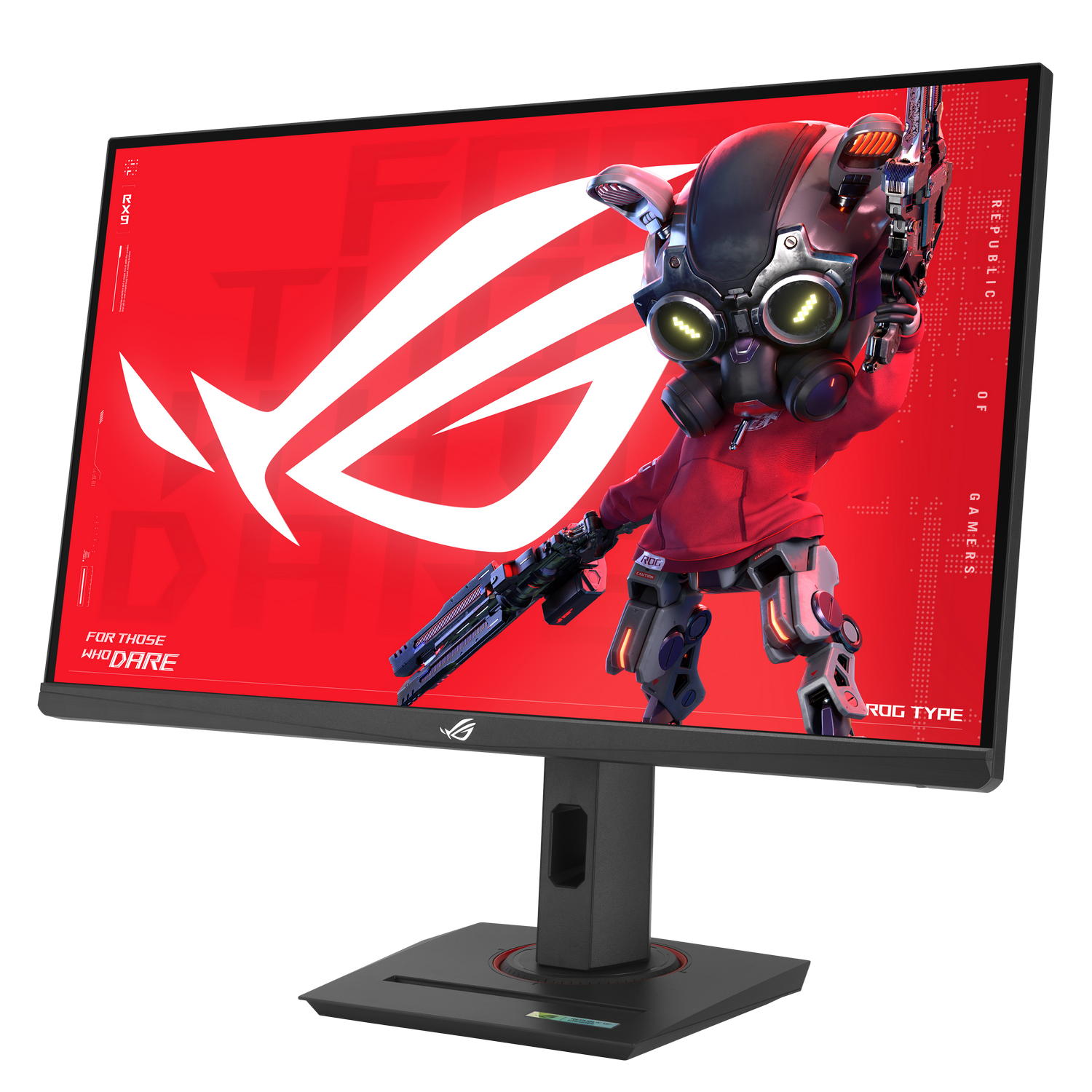 Un monitor muestra un fondo rojo con un logo blanco de ROG y un personaje.