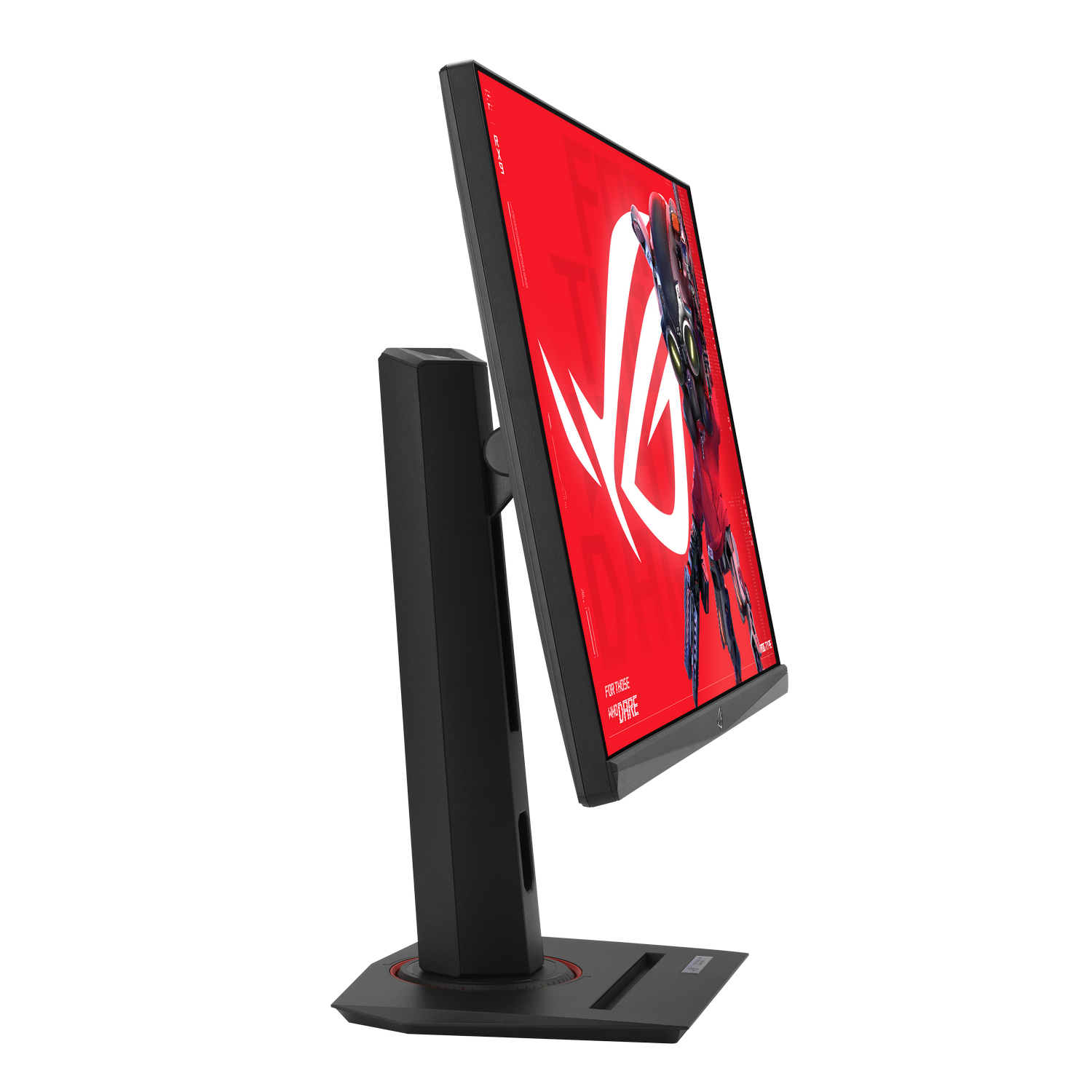 Monitor negro con fondo de pantalla rojo y logo ROG.