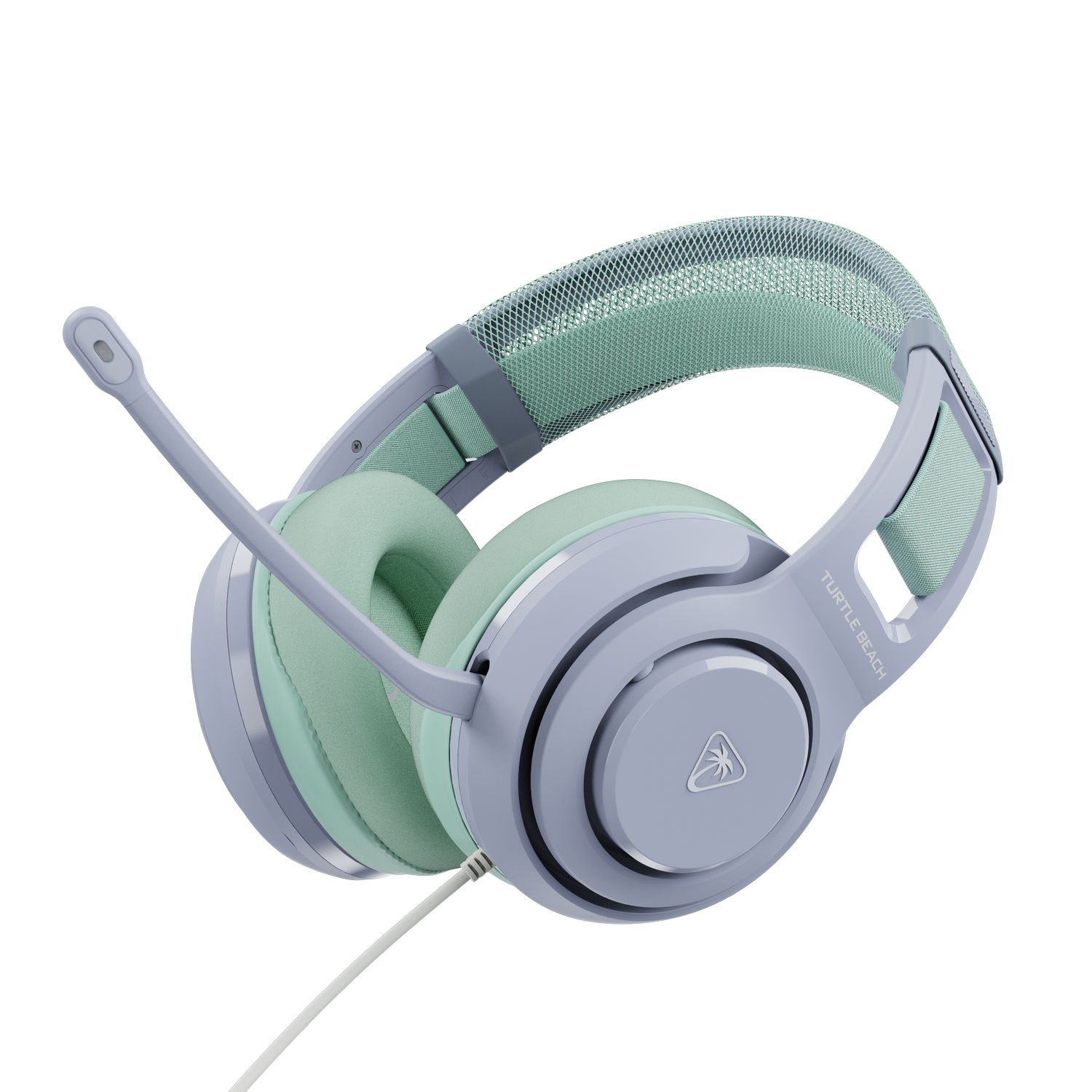 Auriculares morados y verde menta con micrófono y cable sobre fondo negro.