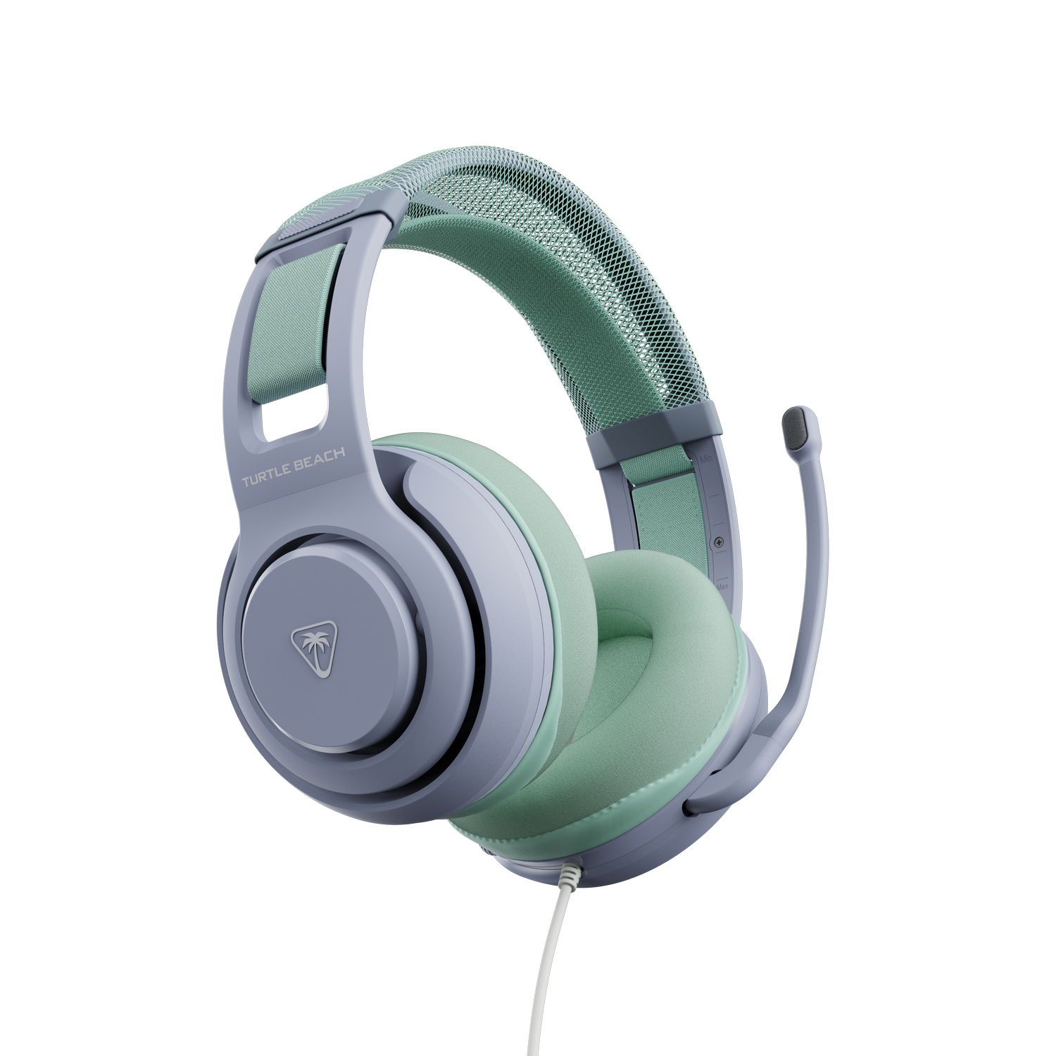 Auriculares grises y verde menta Turtle Beach con micrófono sobre fondo negro.