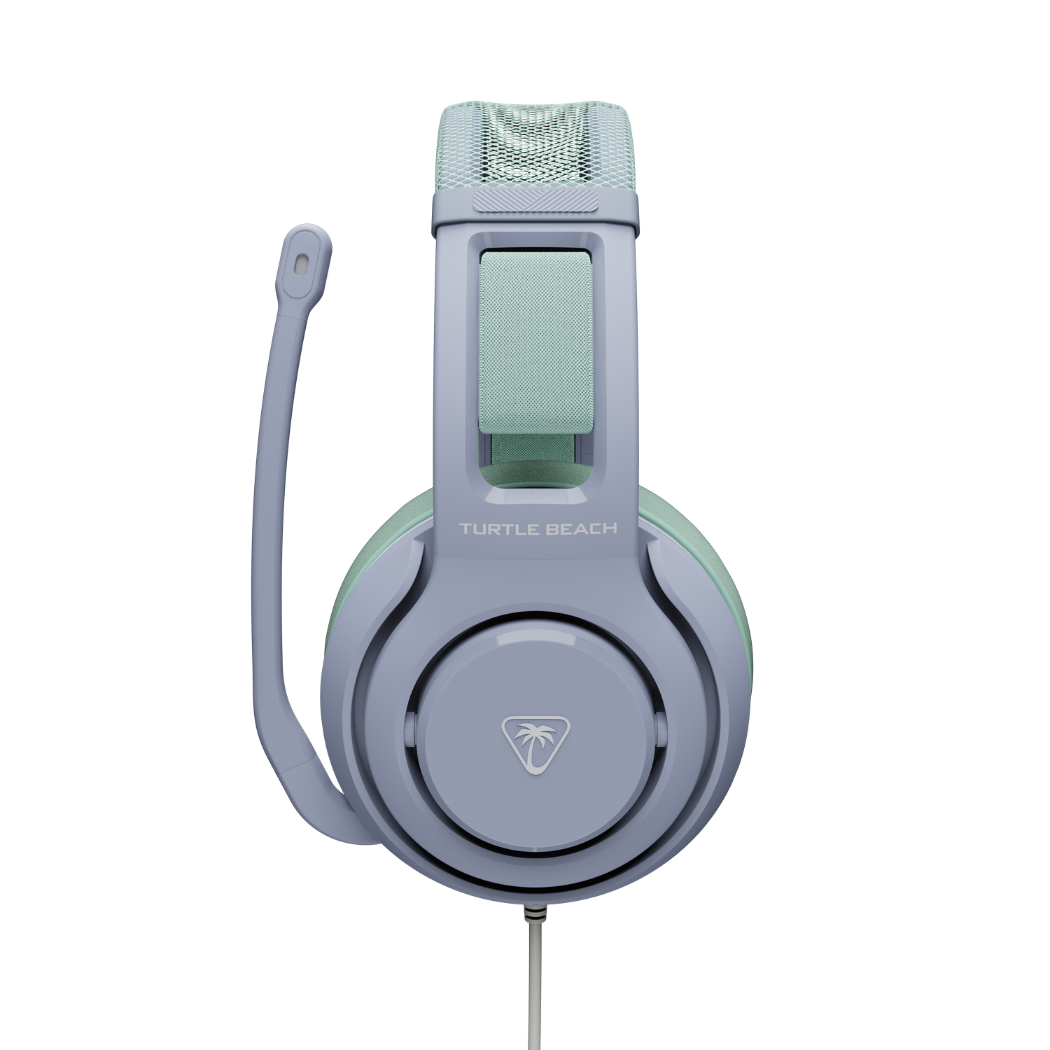 Unos auriculares azul claro con micrófono y detalles verdes se muestran sobre fondo blanco.