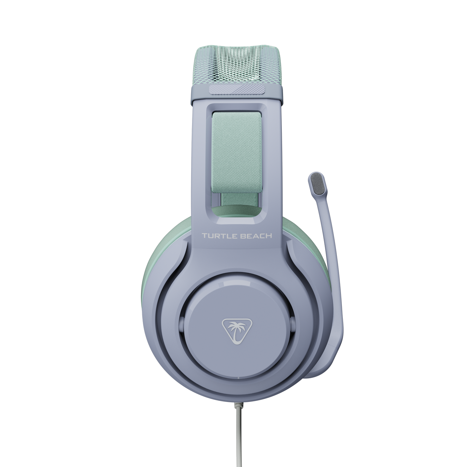 Auriculares Turtle Beach morados y verde menta con micrófono sobre fondo blanco.