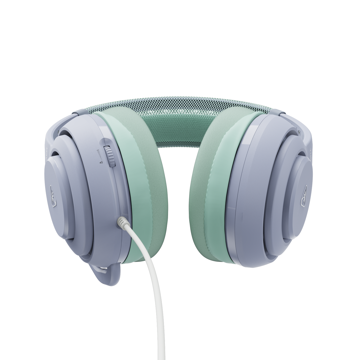 Auriculares grises con detalles verde menta y cable blanco, sobre fondo negro.