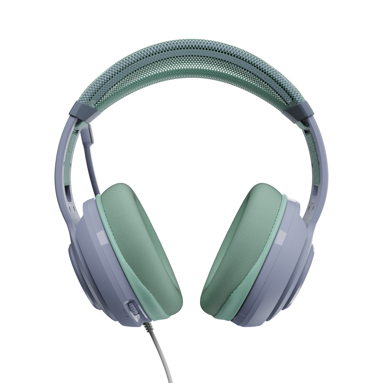 Auriculares grises con almohadillas verde menta y diadema de malla.