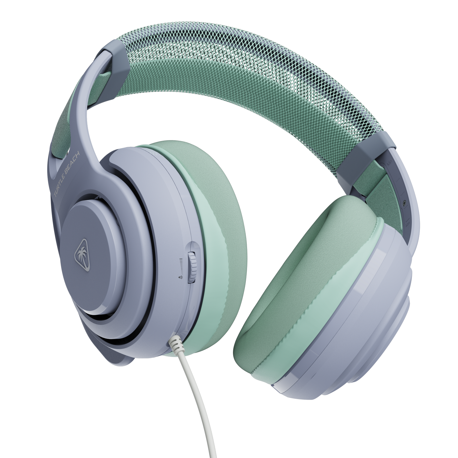 Auriculares gris claro con detalles verde menta, diadema de malla y cable blanco.