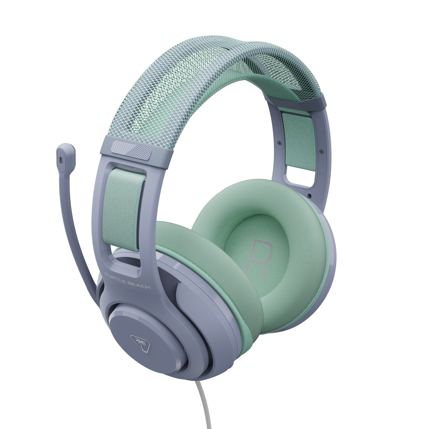 Auriculares gaming grises y verde menta con micrófono, sobre fondo negro.