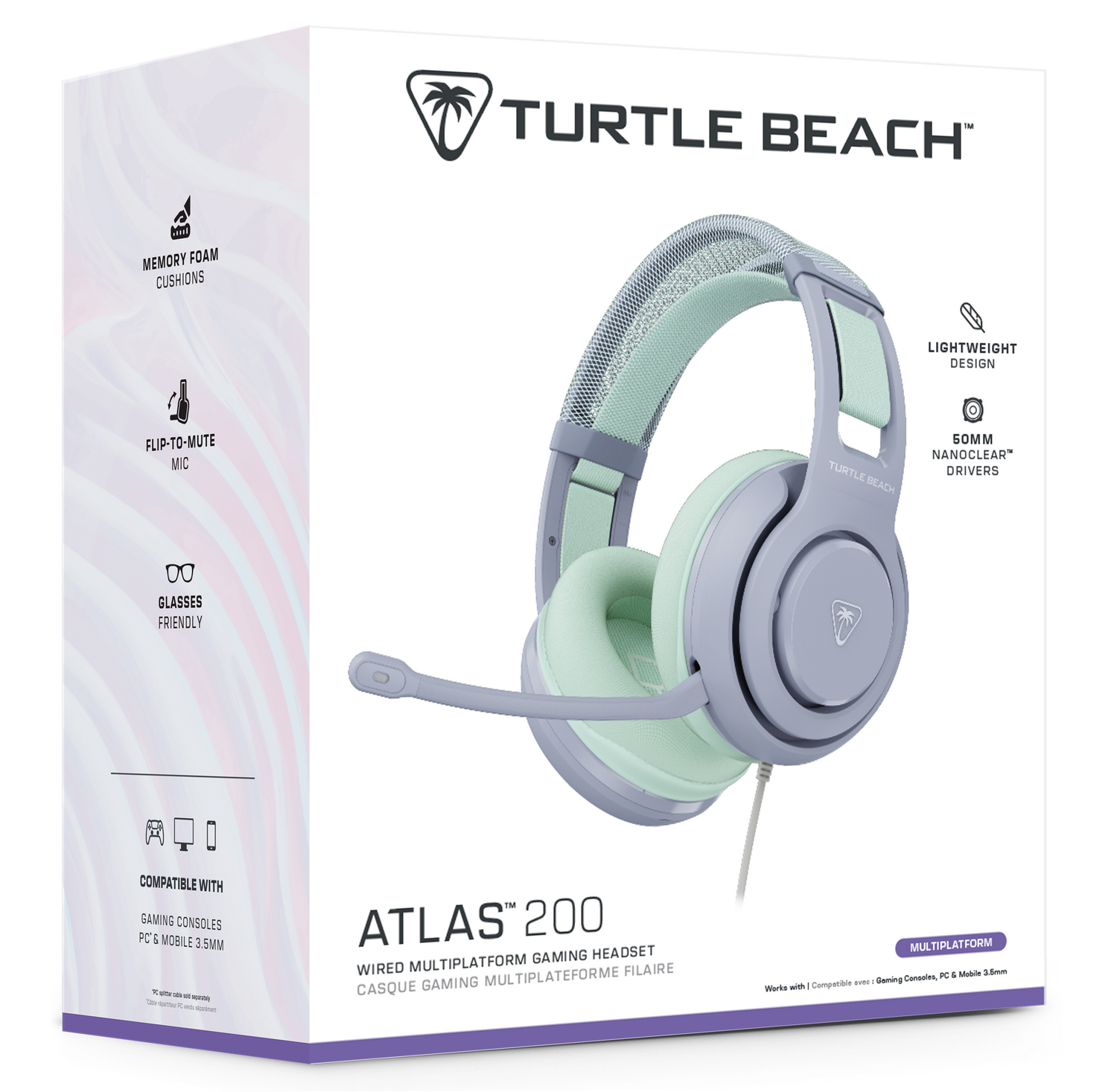 Auriculares para juegos Turtle Beach Atlas 200 en azul y verde menta, con micrófono.