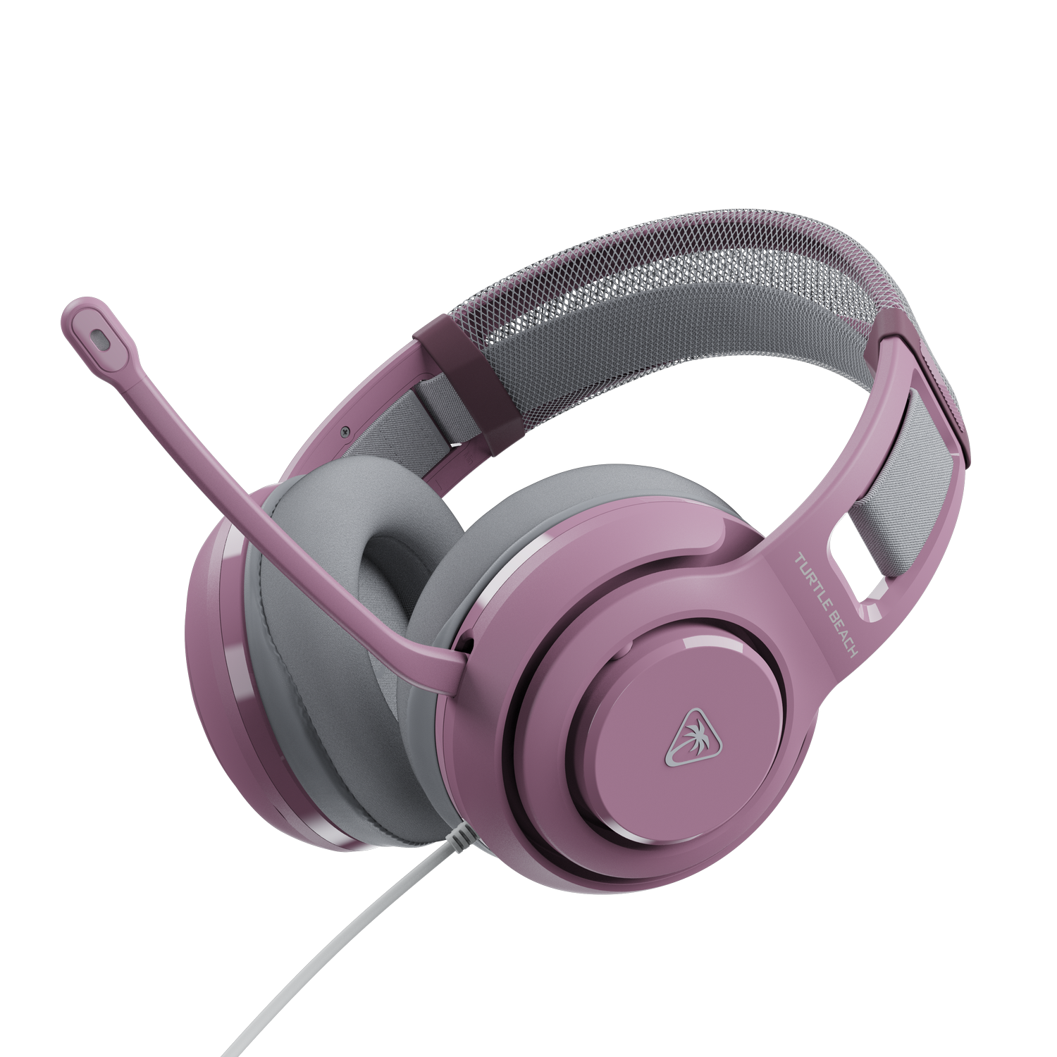 Un auricular Turtle Beach rosa con micrófono sobre fondo negro.