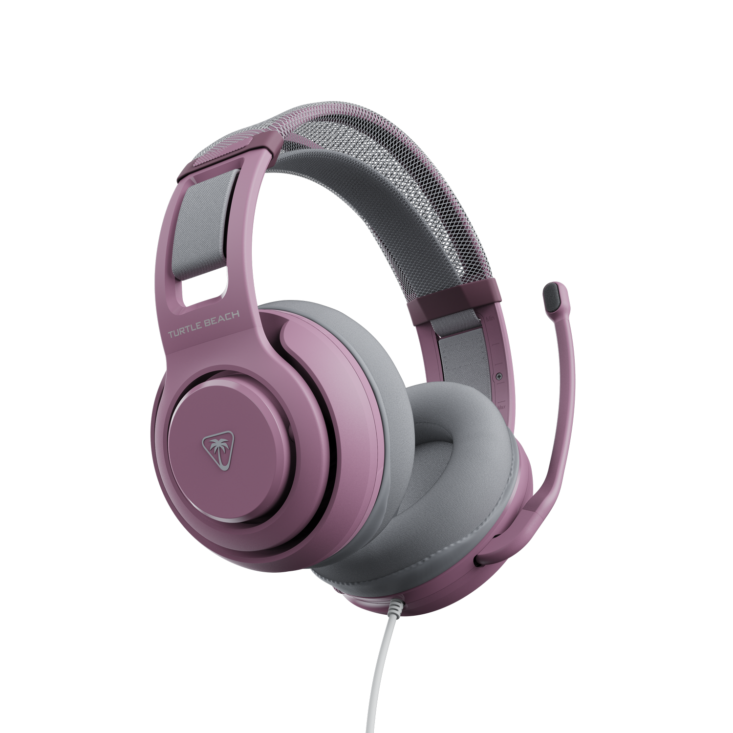 Unos auriculares Turtle Beach rosas con micrófono sobre fondo negro.