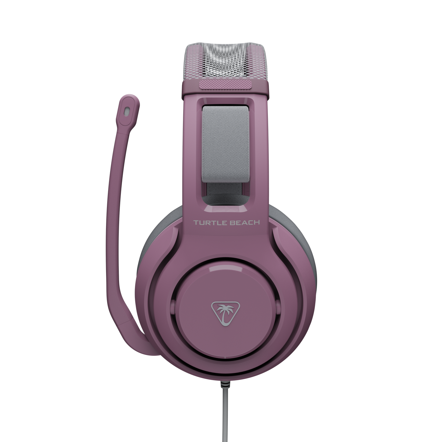 Un auricular Turtle Beach morado con brazo de micrófono flexible y detalle de malla.