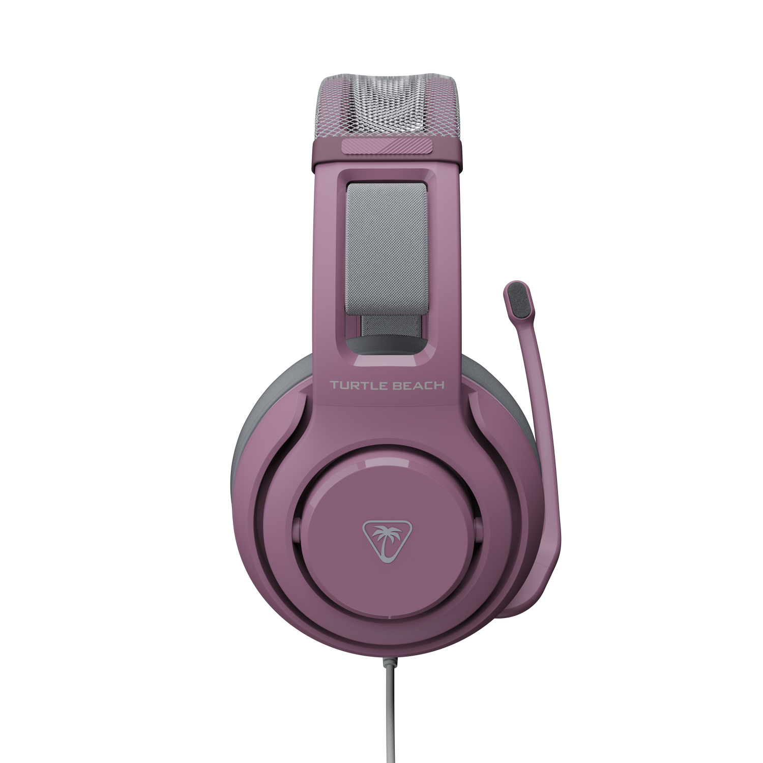 Auriculares morados Turtle Beach con diadema de malla gris y micrófono flexible.
