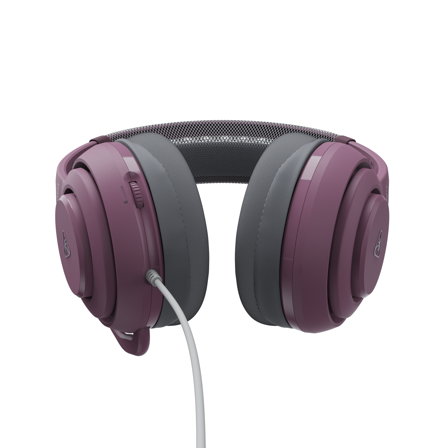 Auriculares morados con orejeras grises y un cable blanco, sobre fondo negro.