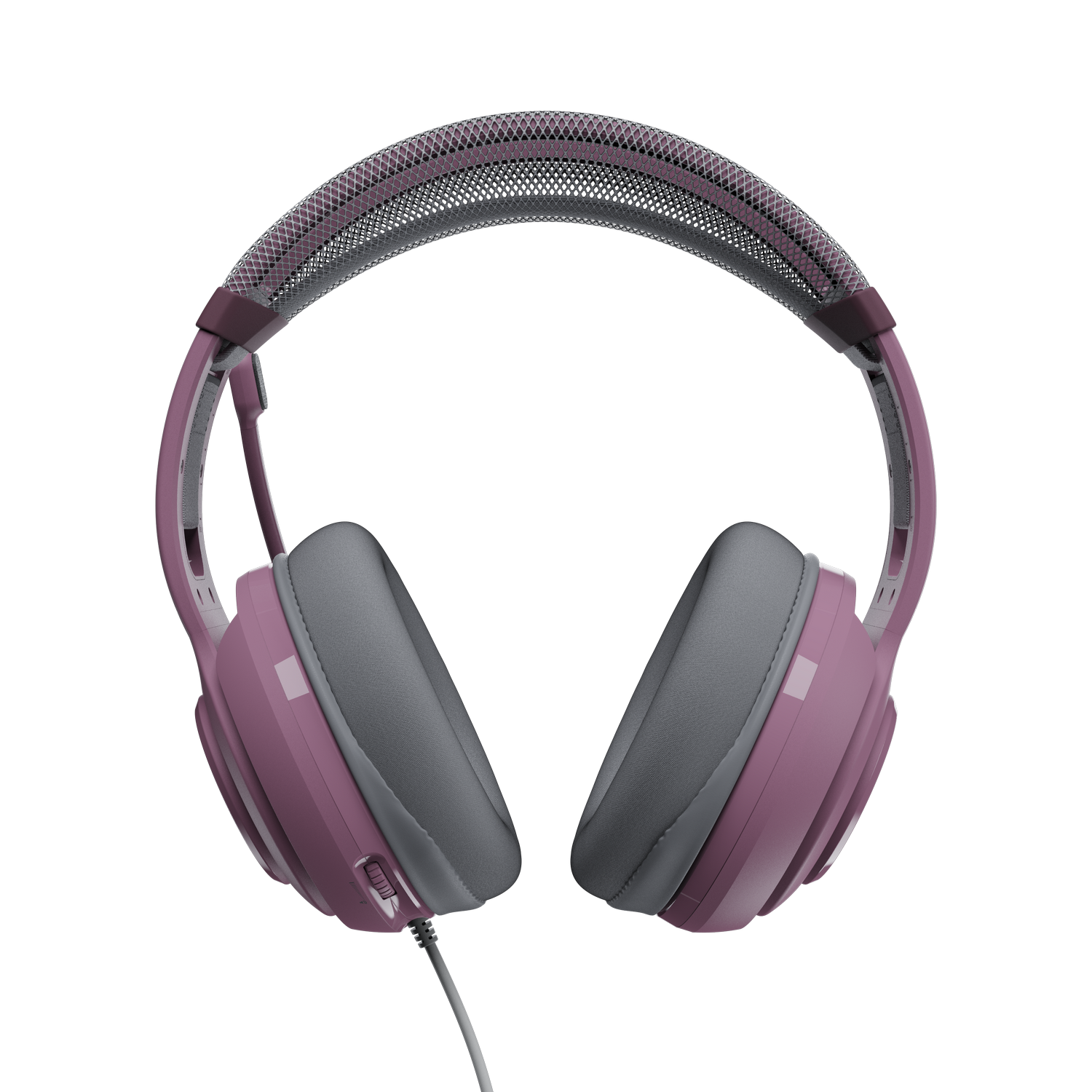 Auriculares rosas con almohadillas y diadema de malla. Fondo negro.
