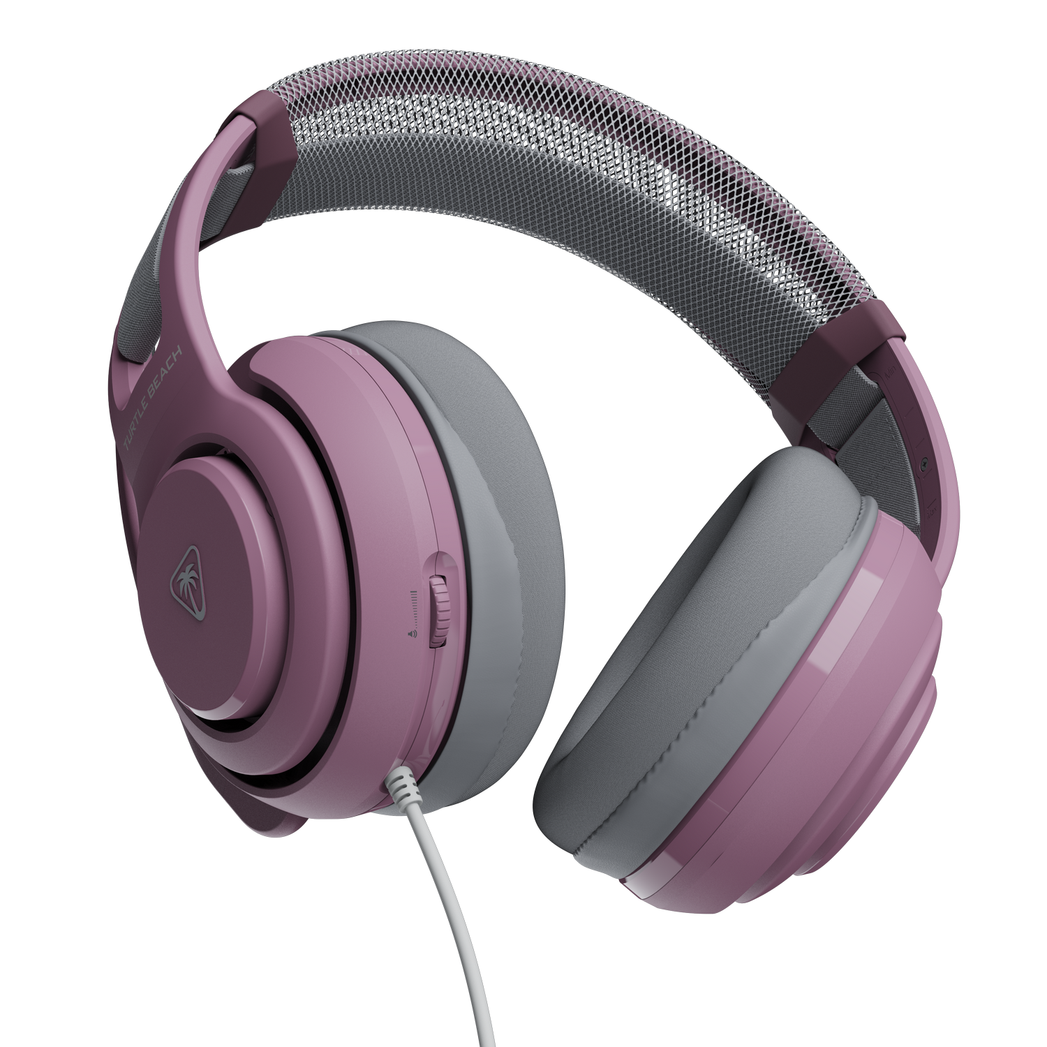 Auriculares rosas con almohadillas grises y diadema de malla plateada sobre fondo negro.