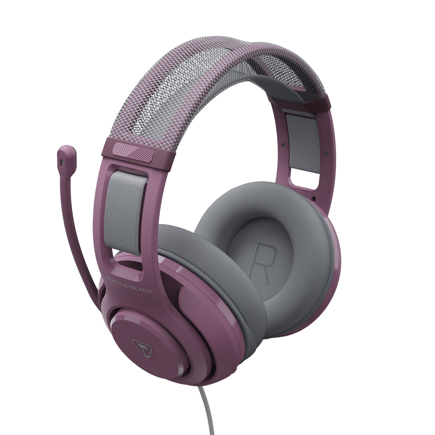 Auriculares gaming rosas con diadema y micrófono grises sobre fondo negro.