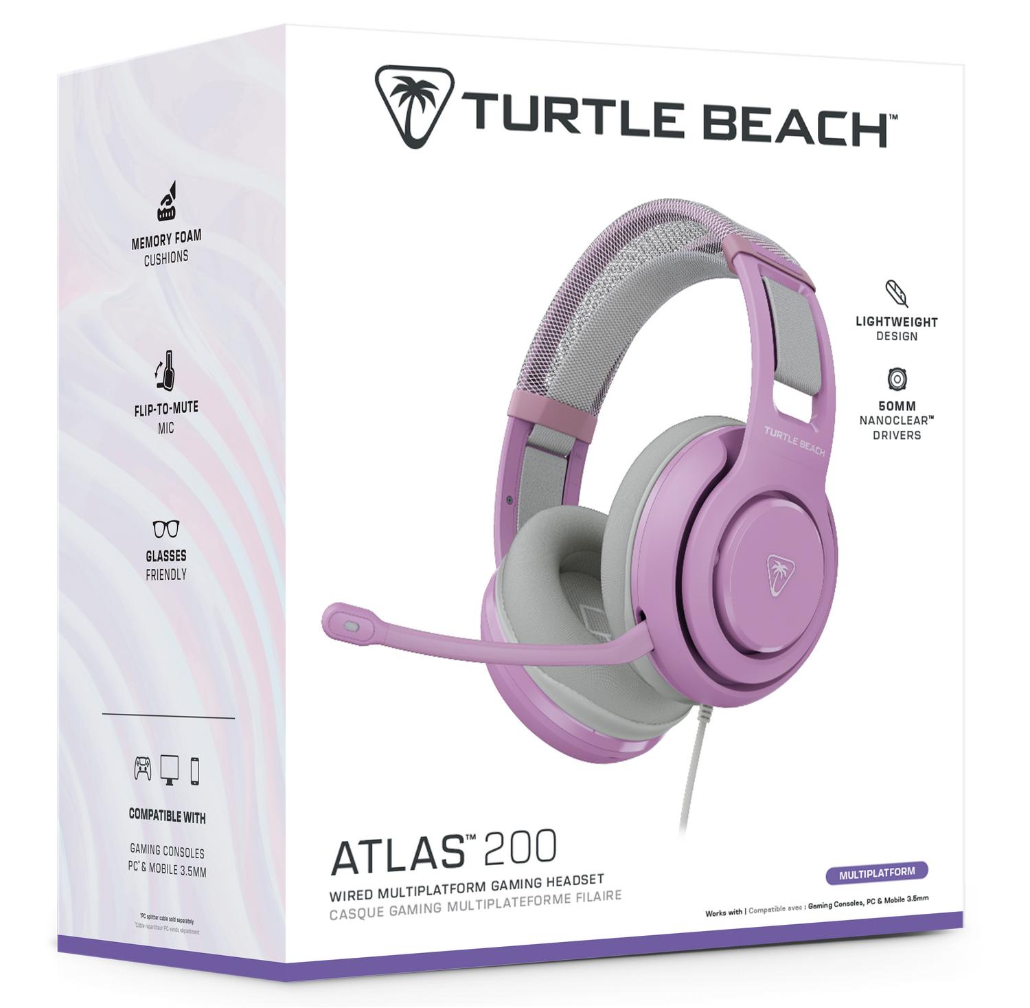 Embalaje de auriculares para juegos Turtle Beach Atlas 200 morados con producto.