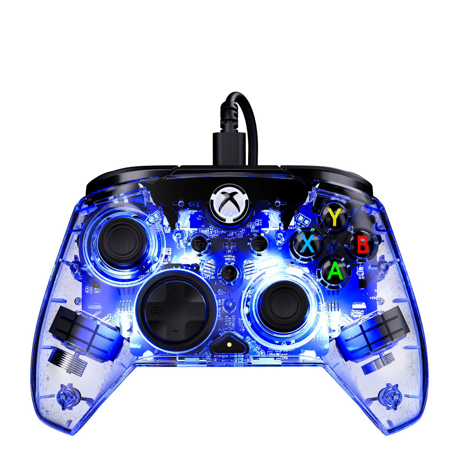 Un mando de Xbox transparente con iluminación interior azul y botones negros.