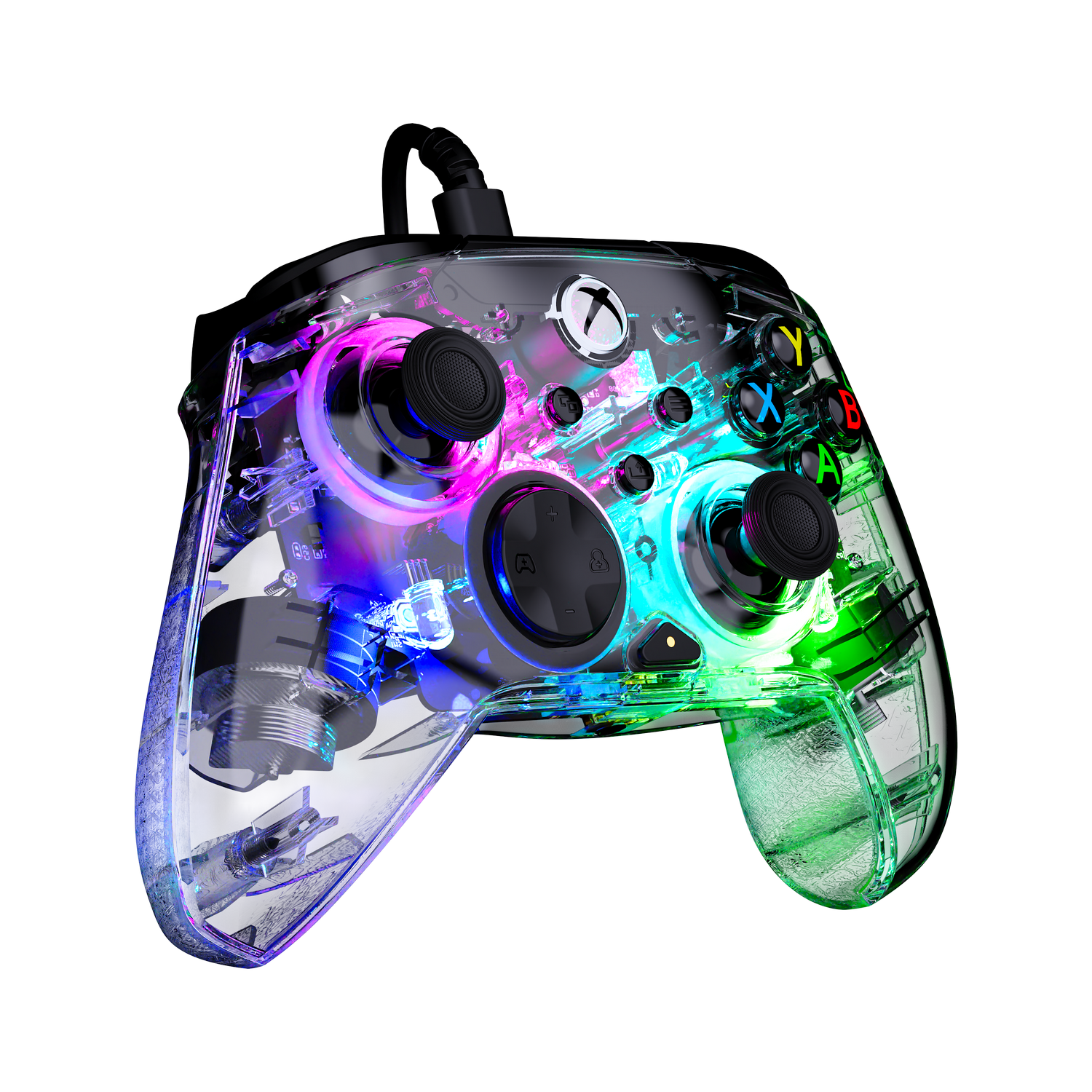 Controlador Xbox transparente con luces de colores, sobre fondo negro.