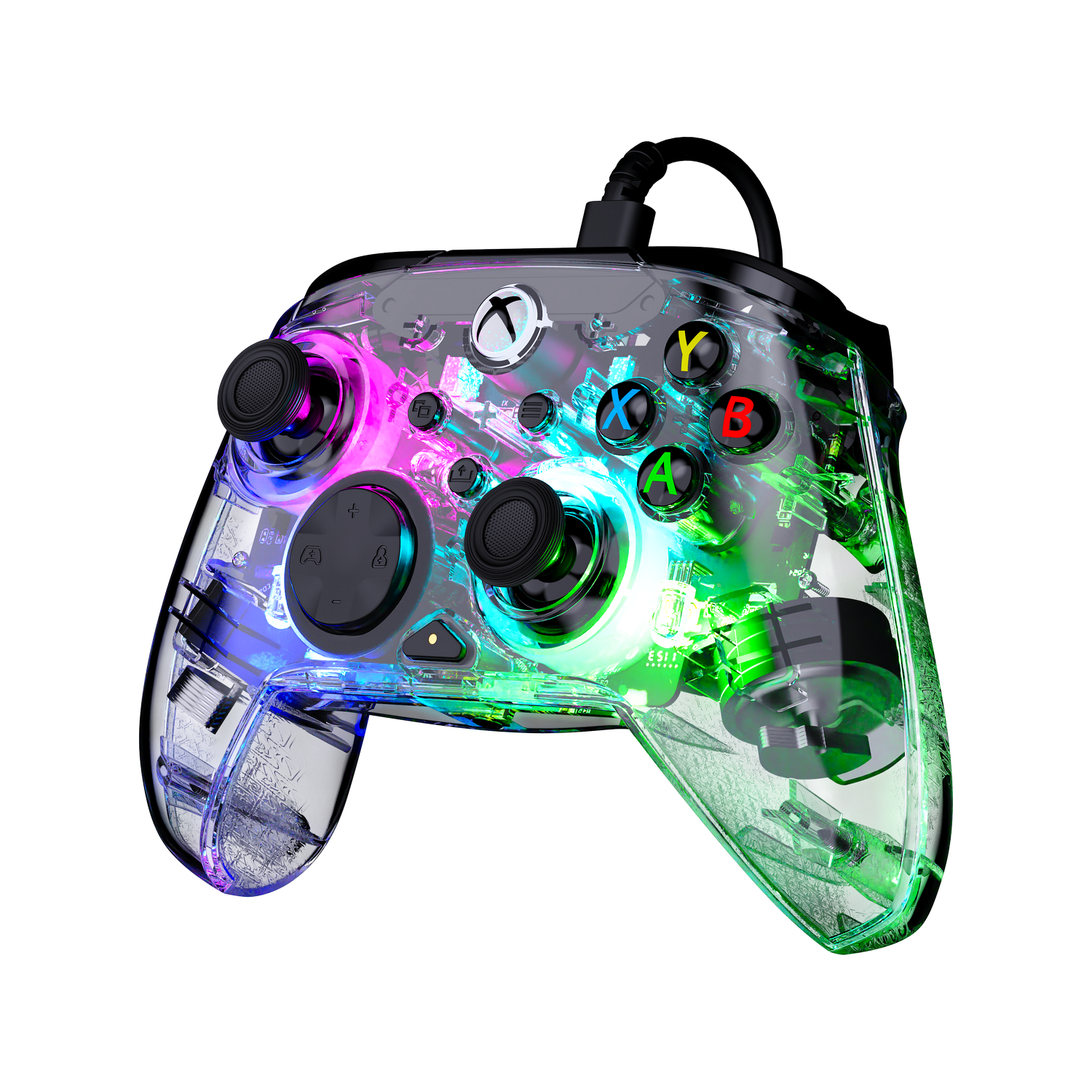 Un mando de Xbox transparente con luces de colores sobre fondo negro.