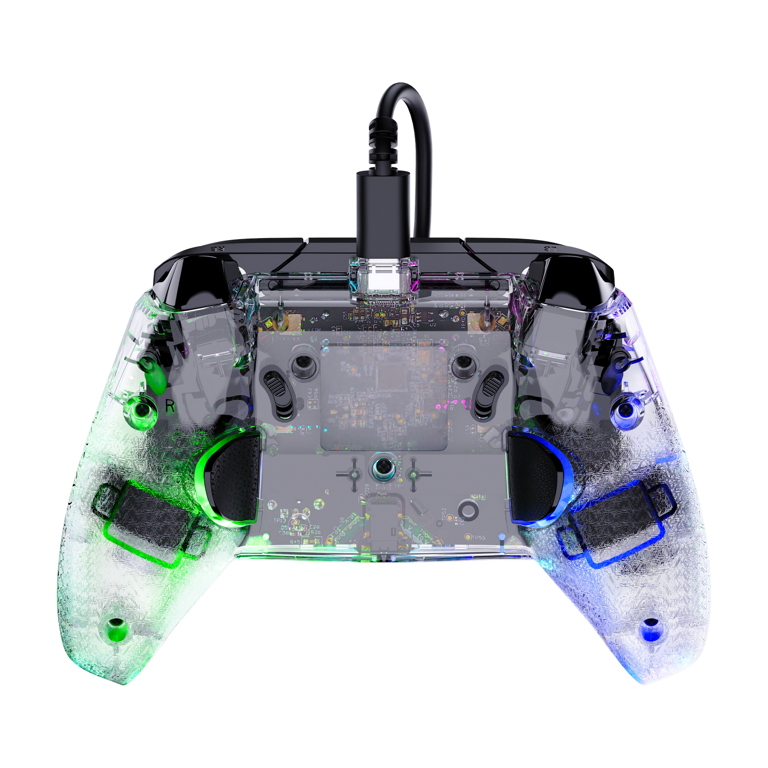 Mando de juego transparente con placa de circuito visible, iluminado verde y azul.