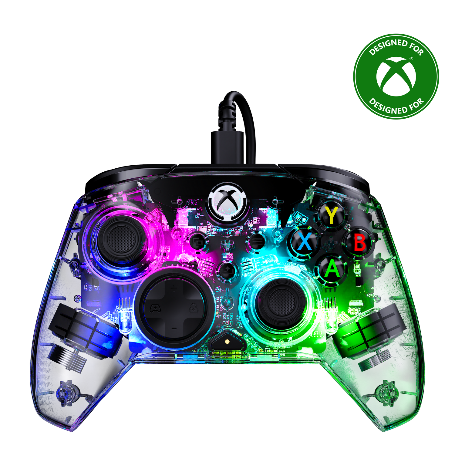 Controlador Xbox transparente con luces internas coloridas y logo Xbox.