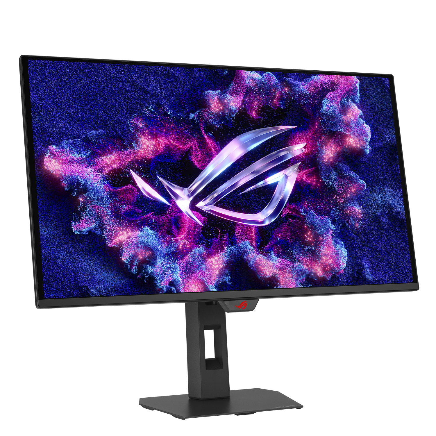 Un monitor gamer muestra una nebulosa arremolinada de partículas rosas y azules con un logo cromado.