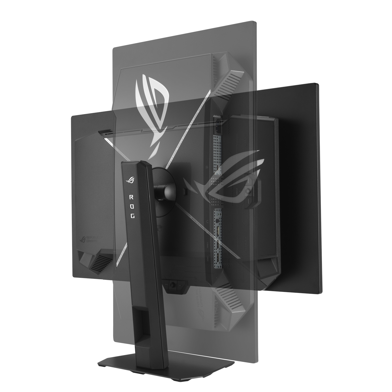 Parte trasera de un monitor negro con logo ROG y soporte.