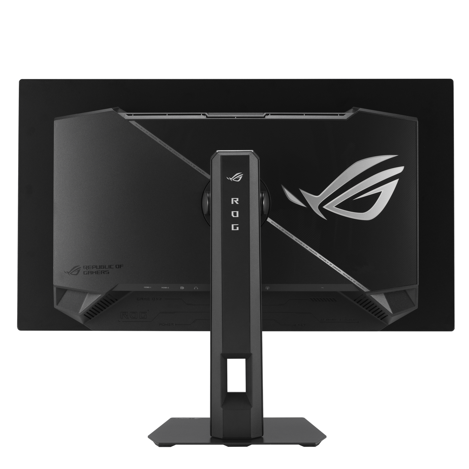 Parte trasera de un monitor gaming ROG negro con logo y puertos.