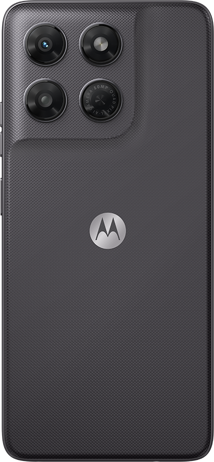 Sötét Motorola okostelefon hátoldala négy kamerával és logóval.