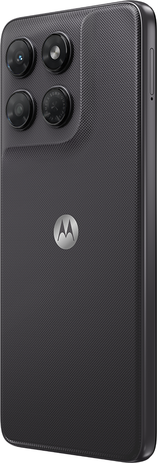 Sötét Motorola telefon hátulja négy kamerával és logóval.