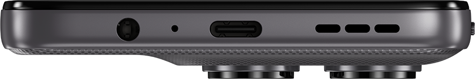 Okostelefon alsó része csatlakozókkal: fejhallgató-csatlakozó, USB-C, mikrofon és hangszórórács.