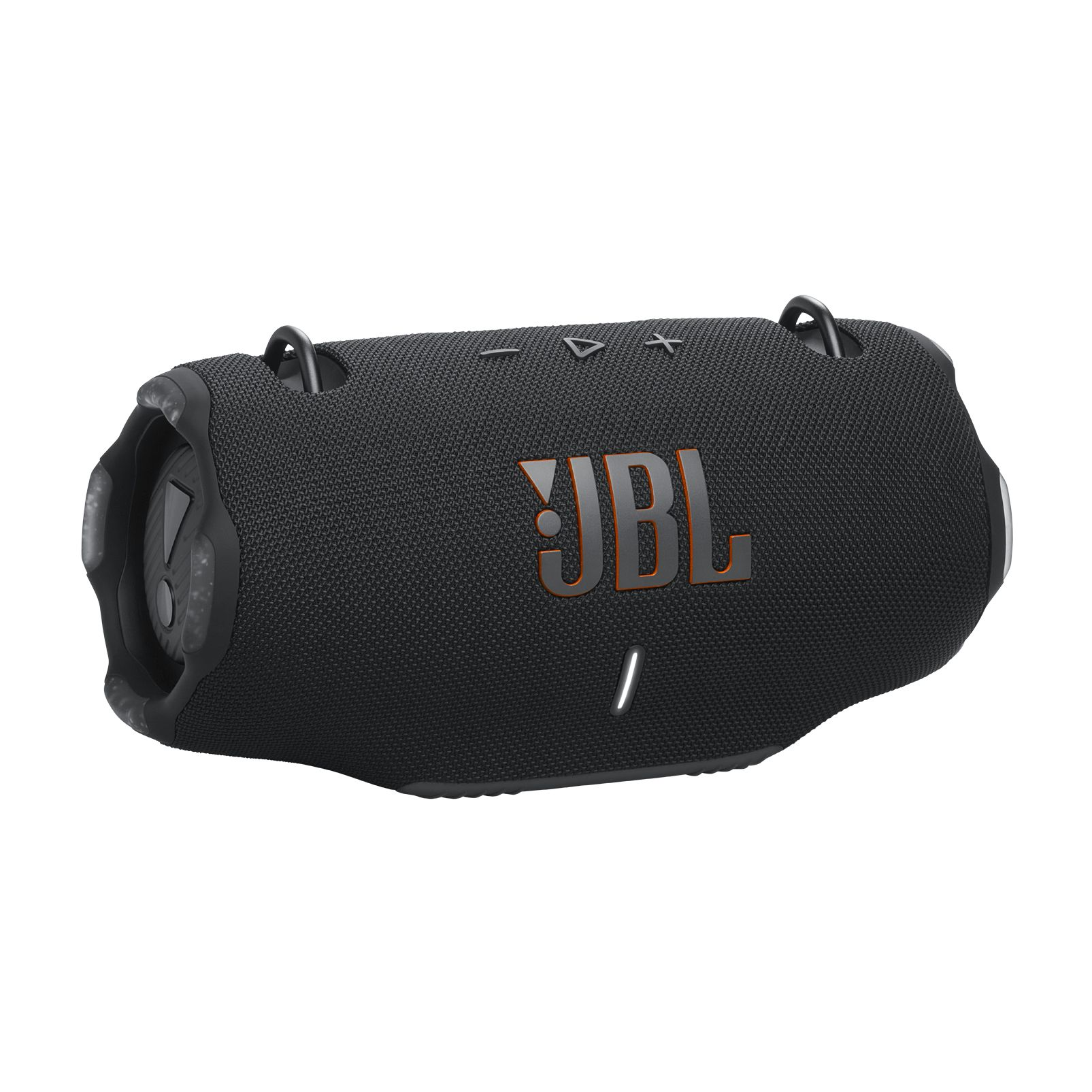Turuncu logolu ve askılı siyah JBL hoparlör.