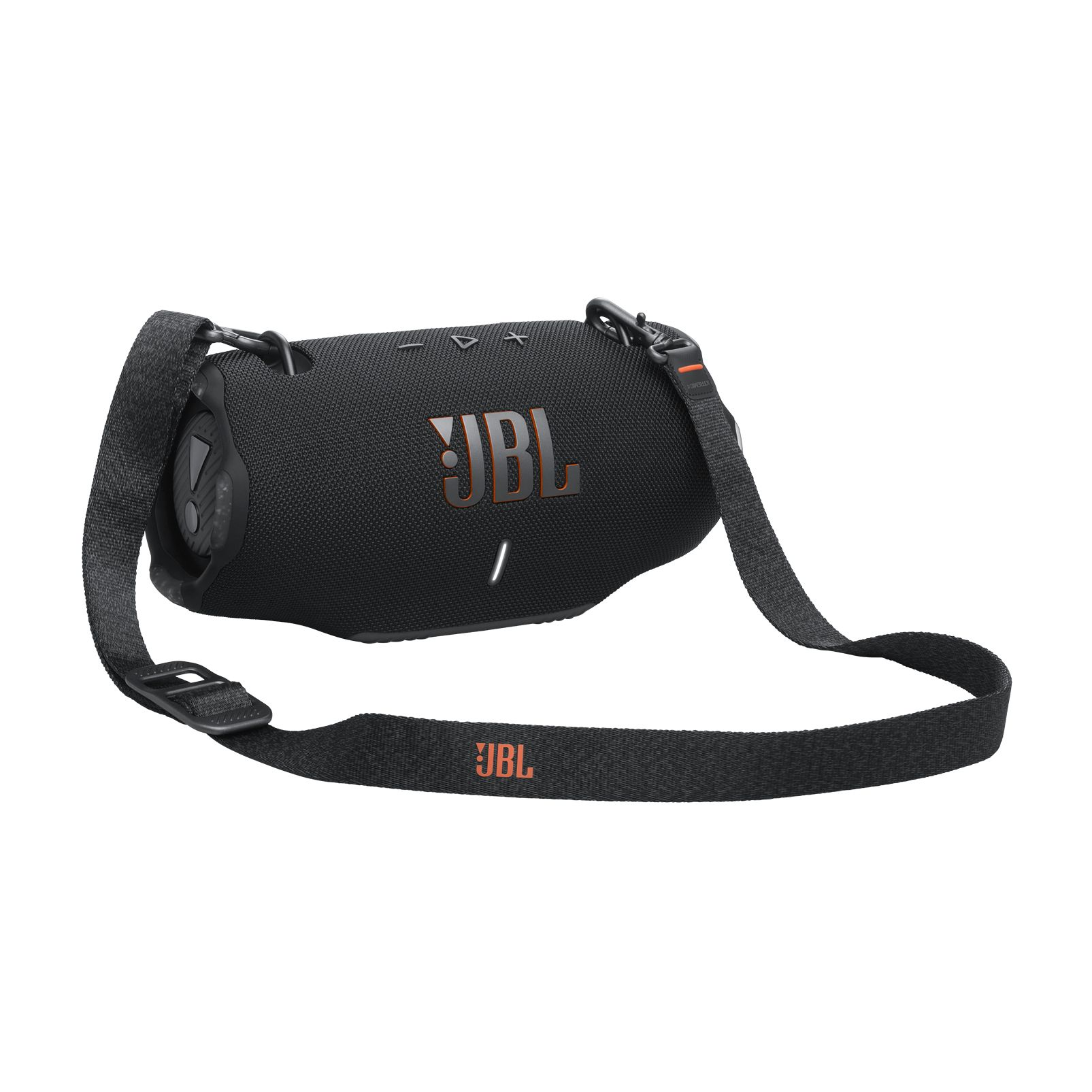 Turuncu logolu siyah JBL Bluetooth hoparlör ve askısı.