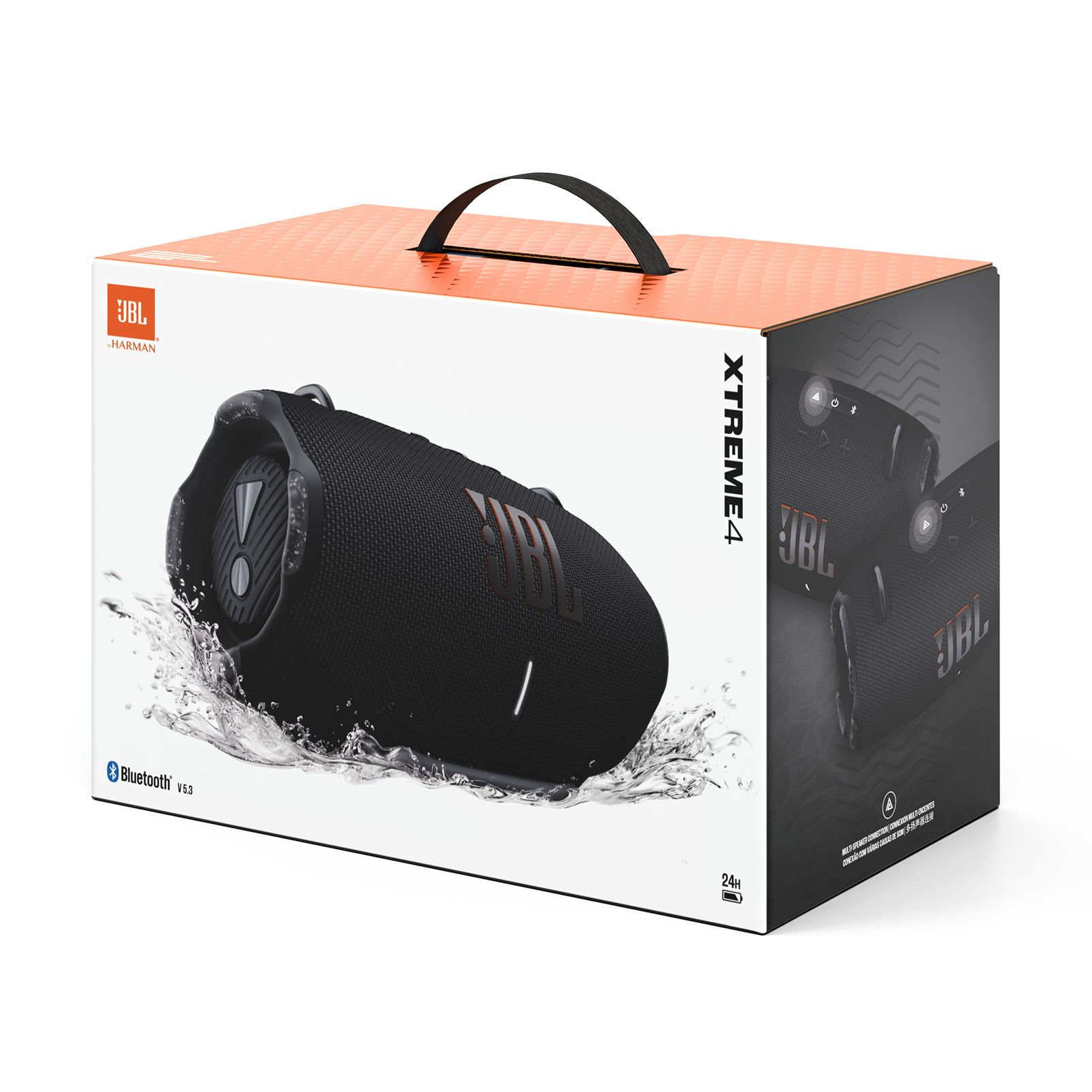 Ambalajında su sıçramaları olan siyah JBL Xtreme 4 hoparlör.
