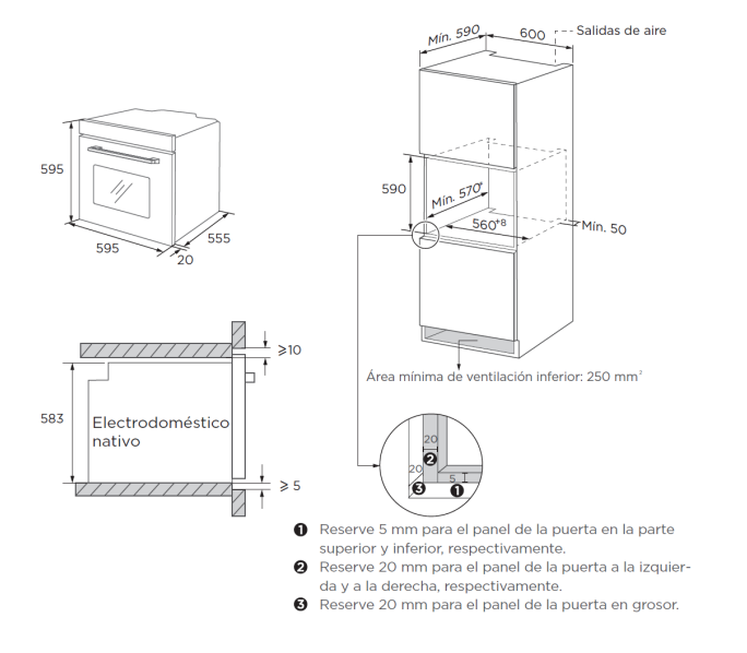 Dibujo técnico de un horno empotrado con dimensiones y guías de instalación.