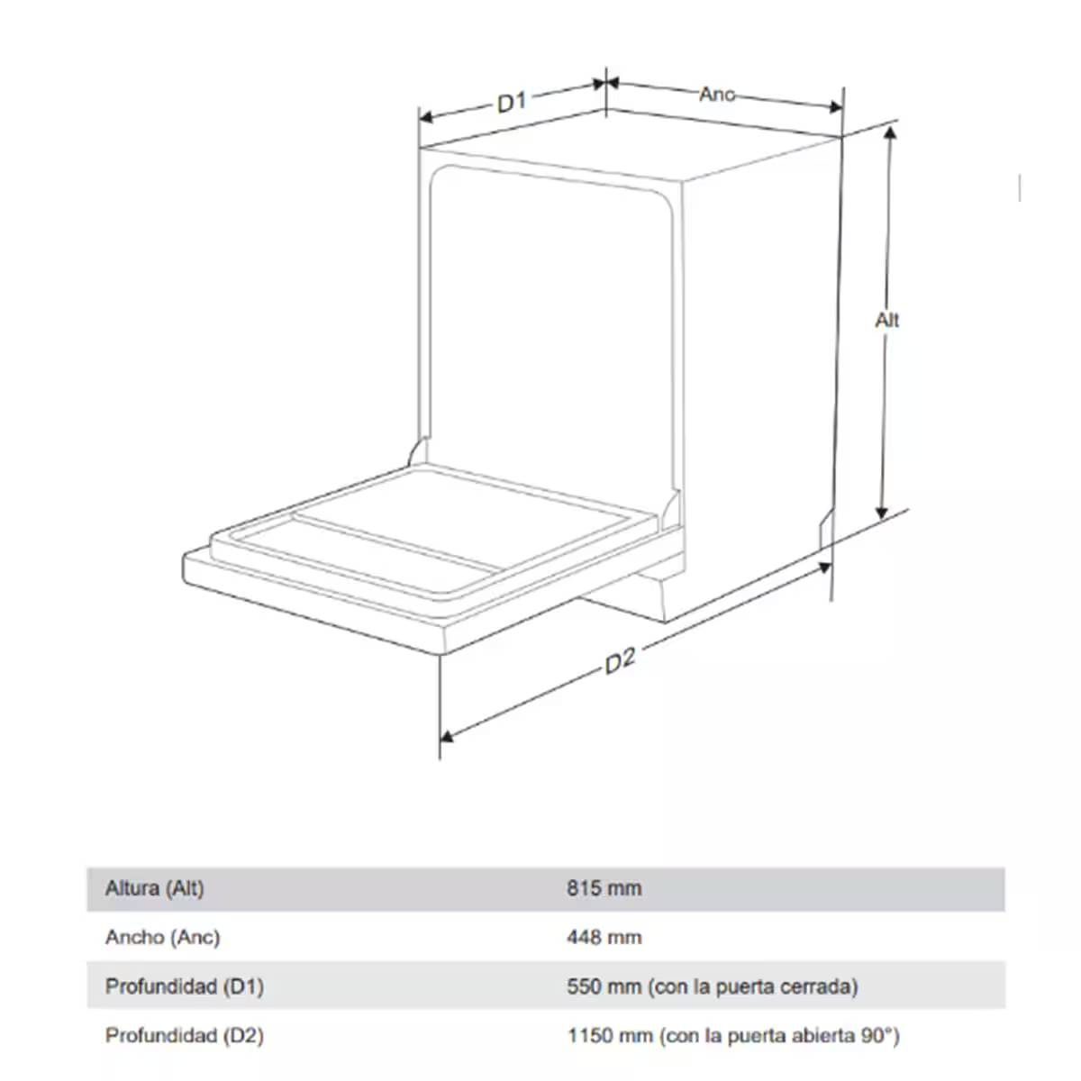 Dibujo técnico de un lavavajillas con dimensiones. Puerta abierta.