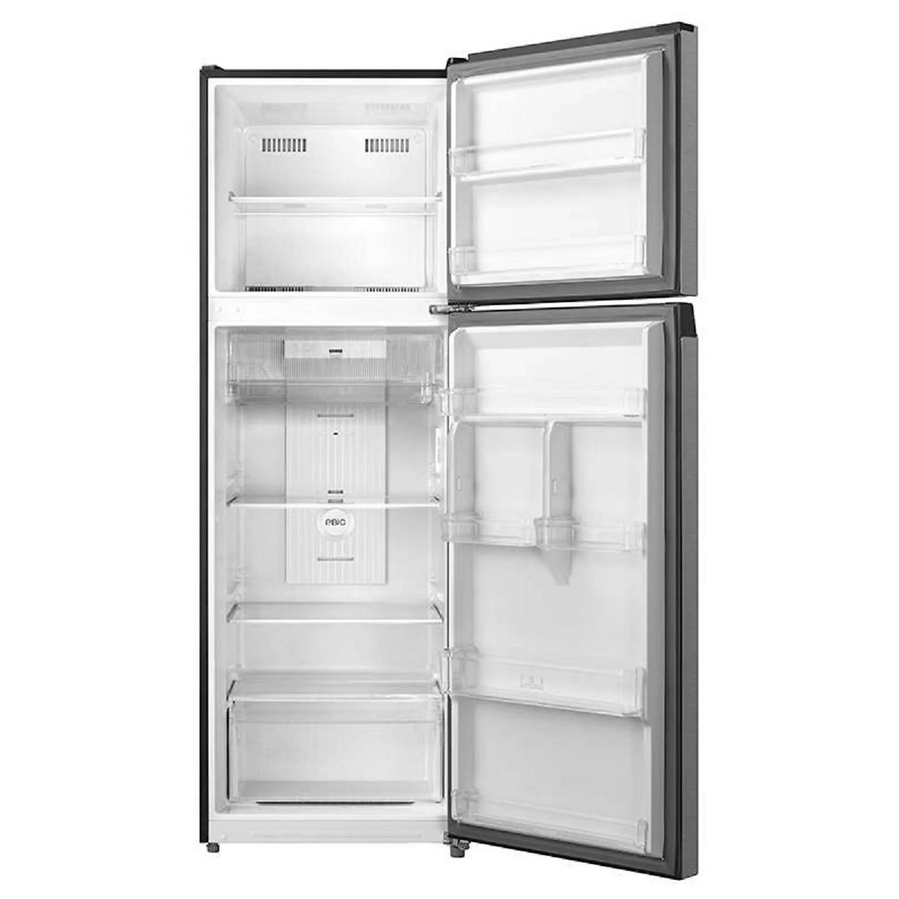 Un refrigerador abierto de dos puertas, vacío y limpio.