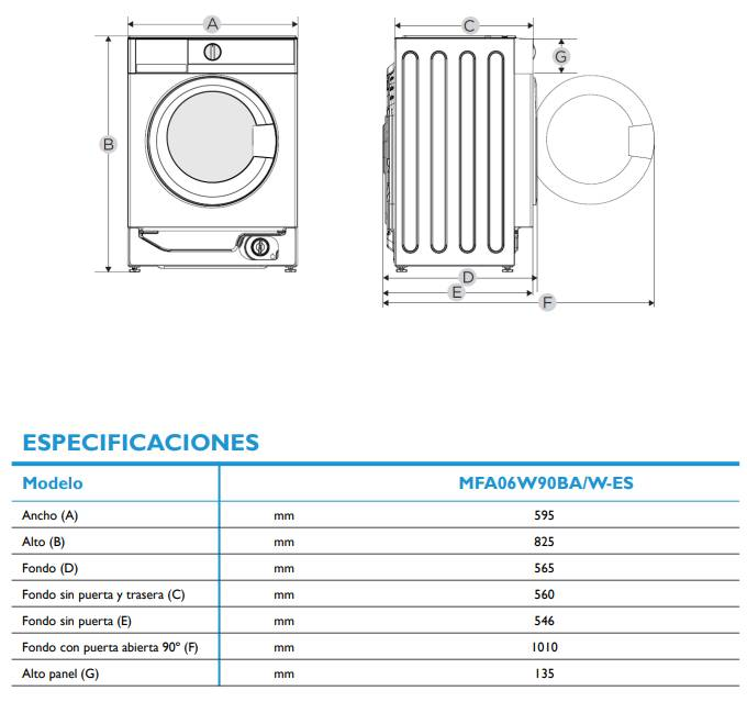 Dibujo técnico de una lavadora con dimensiones A-G y una tabla de especificaciones.