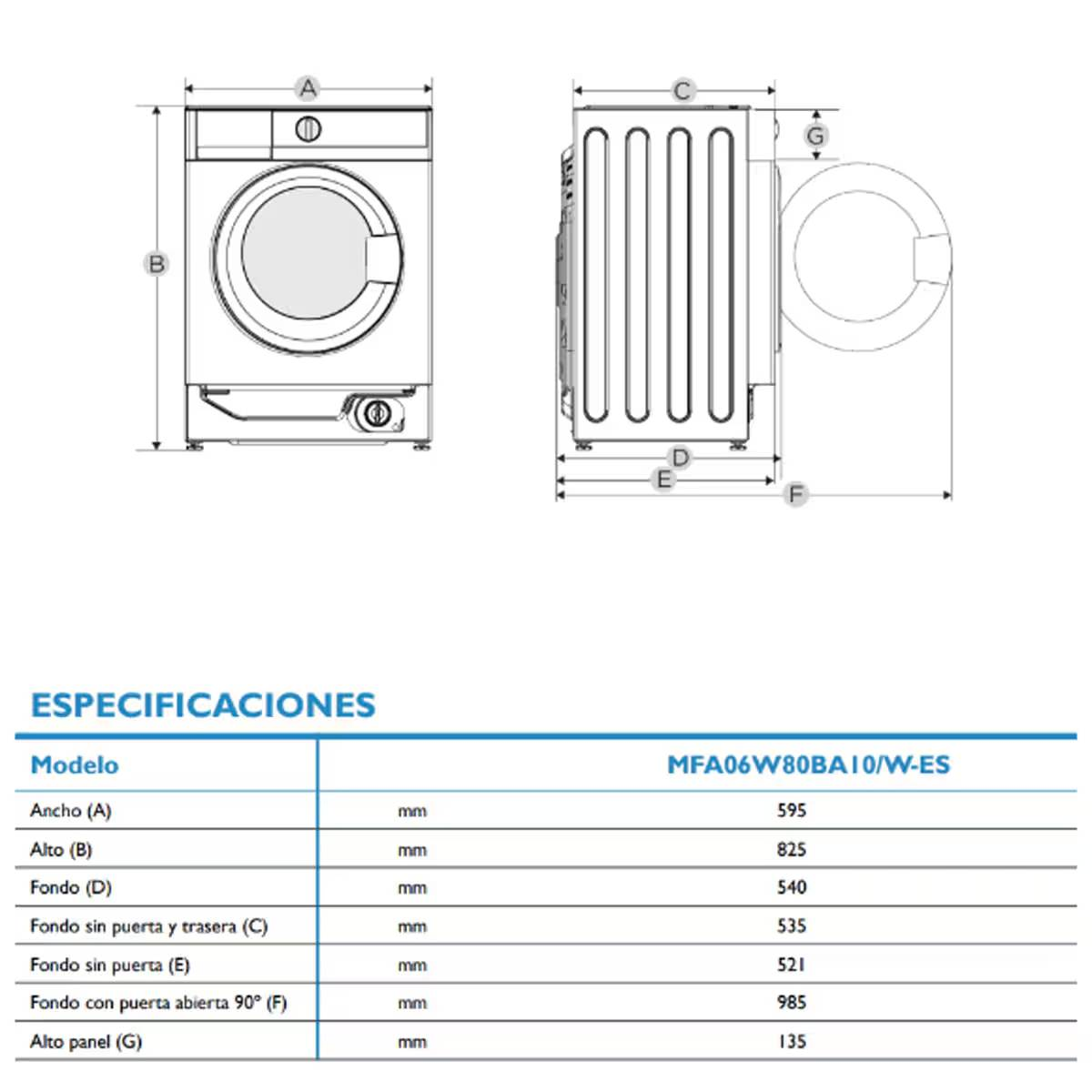 Dibujo técnico de una lavadora con dimensiones y especificaciones.