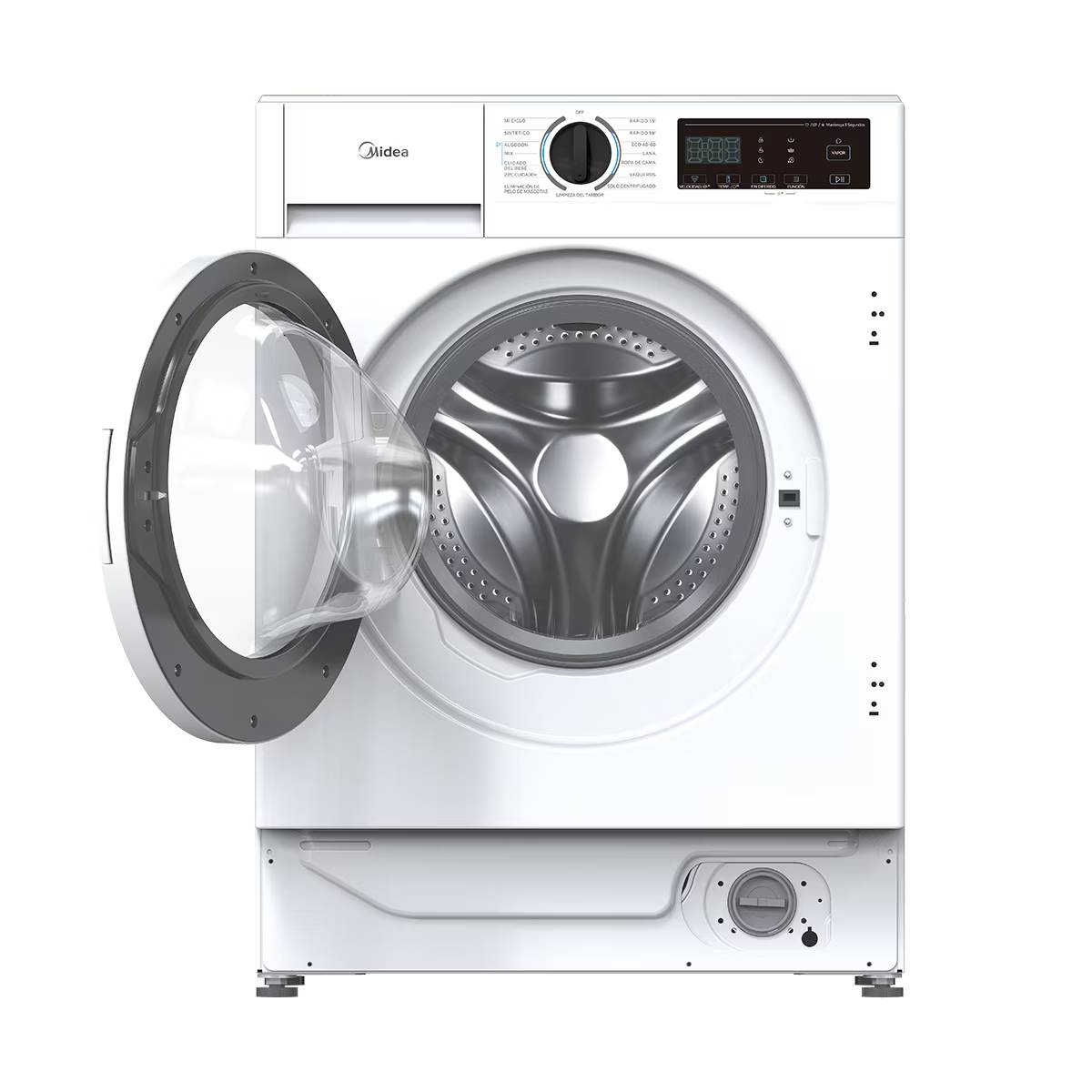 Una lavadora blanca Midea con la puerta abierta, mostrando un tambor plateado.