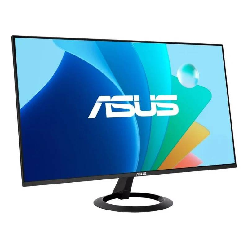 Un monitor ASUS negro con fondo colorido y el logo de ASUS.